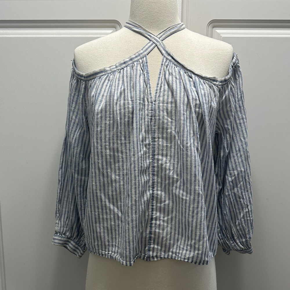 Lucky Brand Blue and White Striped Cold Shoulder Blouse